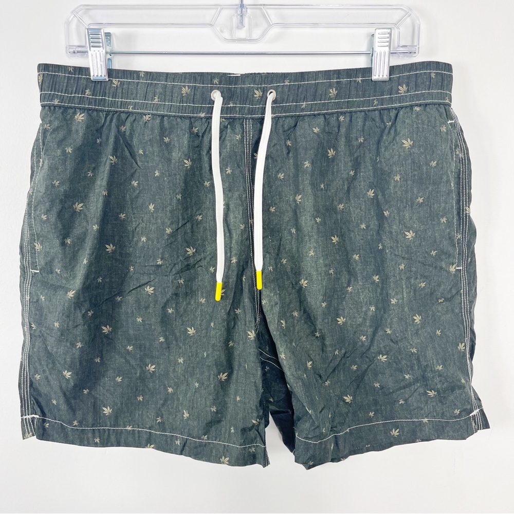 Hartford Nylon Leaf Print Mid Length Swim Trunk Shorts Size XL NWT Green